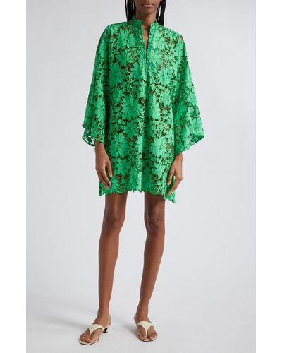 La Vie Style House Open Floral Lace Cover-up Mini Caftan - Green