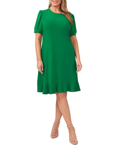 Cece Clip Dot Puff Sleeve Dress - Green
