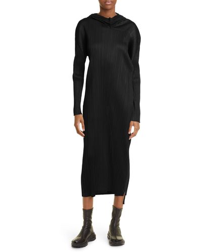 Pleats Please Issey Miyake Monthly Colors September Long Sleeve Pleated Midi Dress With Hood - Black