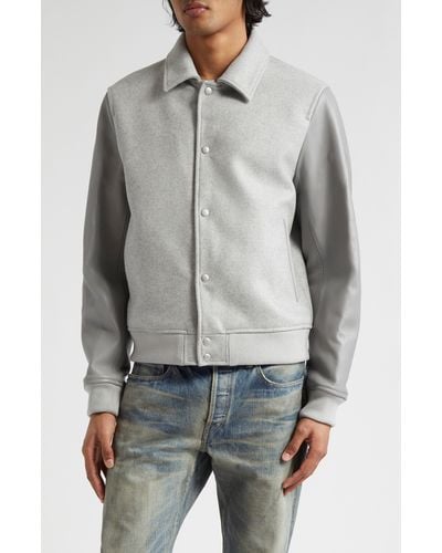 John Elliott Wool Blend & Leather Varsity Jacket - Gray