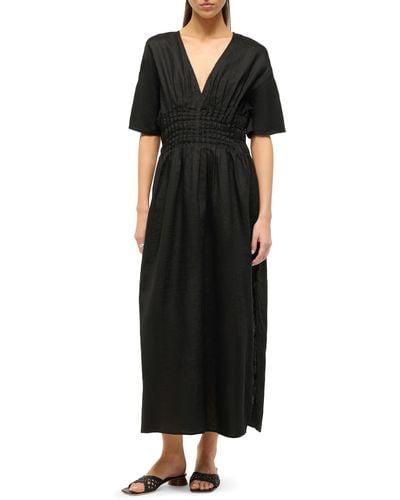 STAUD Lauretta Pleated Waist Linen Maxi Dress - Black
