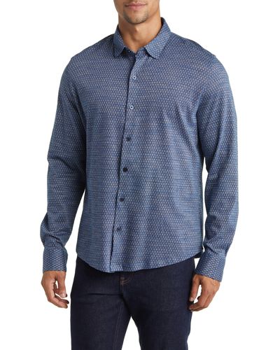 Robert Barakett Davin Geo Pattern Knit Button-up Shirt - Blue