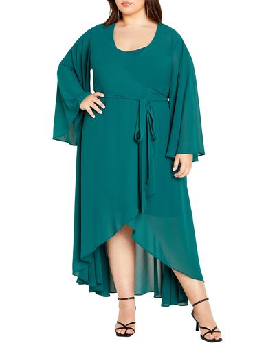 City Chic Fleetwood Long Sleeve Chiffon Wrap Dress - Green