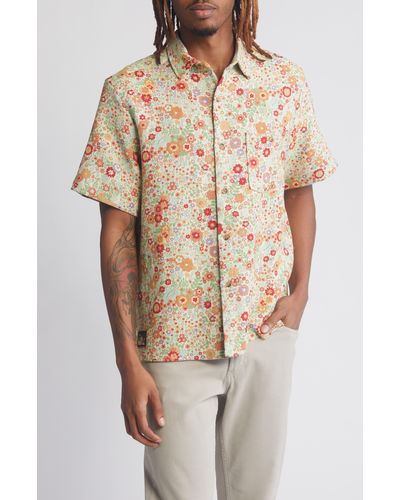 Percival Clerk Floral Jacquard Short Sleeve Cotton Button-up Shirt - Natural