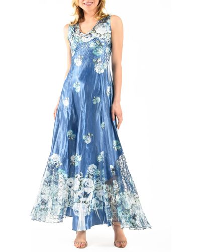 Komarov Floral Lace-up Charmeuse Maxi Dress - Blue