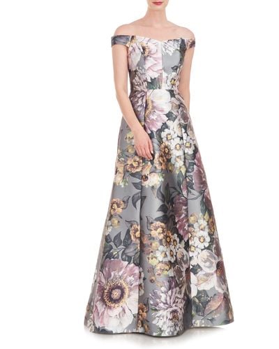 Kay Unger Garland Floral Print Off The Shoulder Gown - White