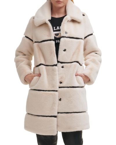 Karl Lagerfeld Faux Leather Trim Faux Fur Coat - Natural