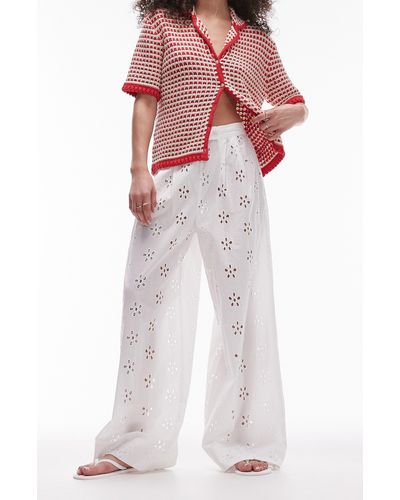 TOPSHOP Cotton Eyelet Wide Leg Cover-up Pants - White