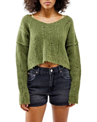 BDG Distressed V-neck Crop Sweater - Green