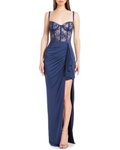 Katie May Willow Floral Lace & Jersey Gown - Blue