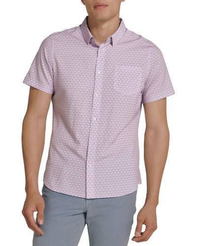 7 Diamonds Layne Geo Print Short Sleeve Performance Button-up Shirt - Purple