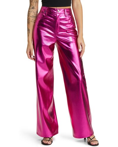 Blank NYC Metallic Faux Leather Wide Leg Pants - Pink