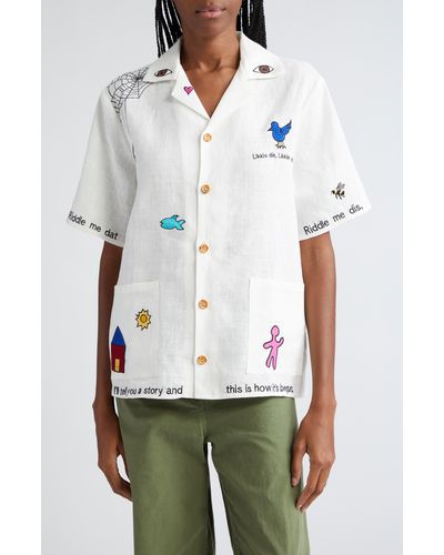 House of Aama Maroon Day Embroidered Linen Camp Shirt - White