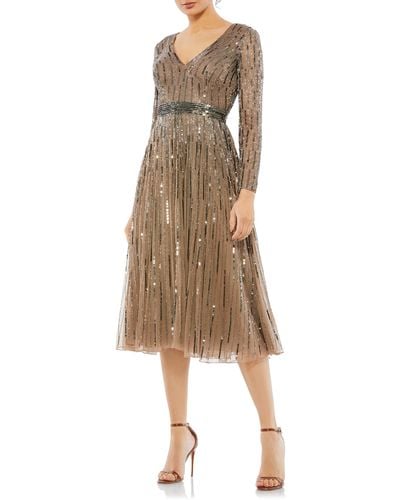 Mac Duggal Sequin Stripe Long Sleeve A-line Dress - Natural