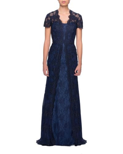 La Femme Beaded Lace A-line Gown - Blue