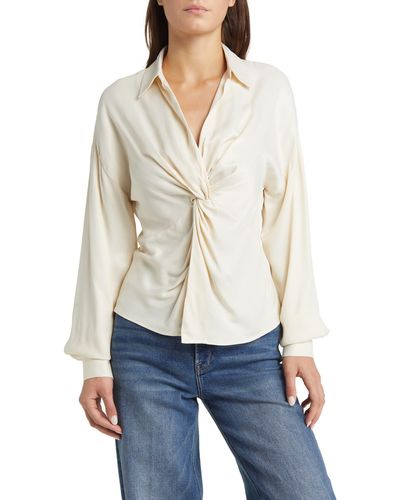 TOPSHOP Knot Front Long Sleeve Satin Top - White