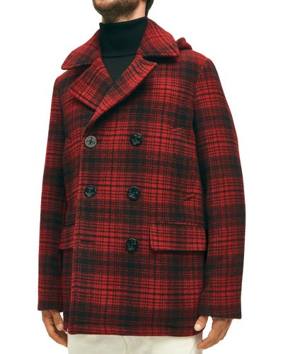 Brooks Brothers Out Buffalo Check Hooded Wool Peacoat - Red