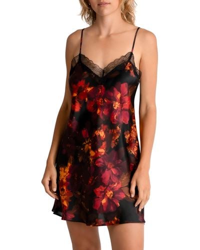 MIDNIGHT BAKERY Dylan Floral Print Lace Trim Satin Chemise - Red
