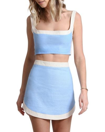 Avec Les Filles Colorblock Linen Blend Crop Top & Miniskirt Set - Blue