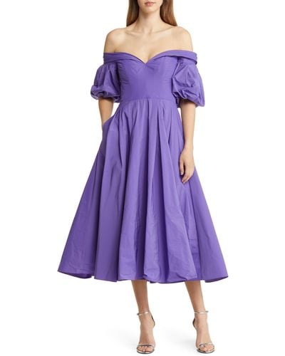 Marchesa Puff Sleeve Off The Shoulder Taffeta Cocktail Dress - Purple