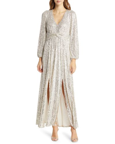 Pisarro Nights Sequin Long Sleeve A-line Gown - Natural