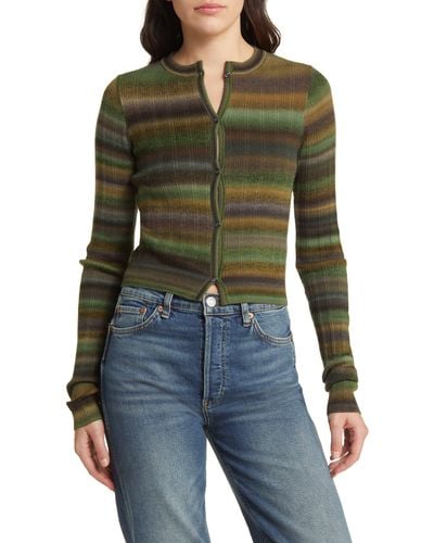 RE/DONE Space Dye Stripe Rib Crop Wool Cardigan - Green