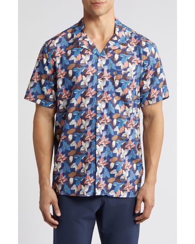Johnston & Murphy Abstract Floral Cotton And Modal Camp Shirt - Blue