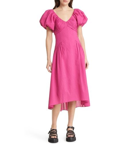 FRAME Puff Sleeve High-low Cotton Dress - Pink