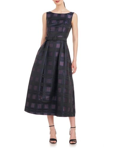 Kay Unger Isla Plaid Pleated Belted Cocktail Dress - Blue