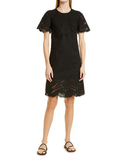 Kobi Halperin Lisa Embroidered Detail Linen & Cotton Dress - Black