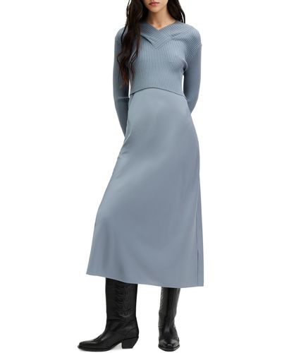 AllSaints Hana Mixed Media Long Sleeve Dress - Blue