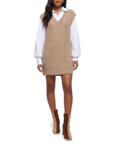 River Island Hybrid Long Sleeve Sweater Dress - Natural