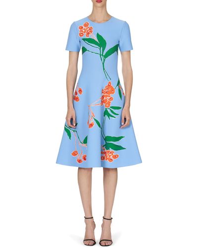 Carolina Herrera Floral Print Jacquard Knit Fit & Flare Dress - Blue
