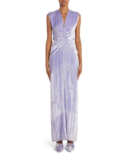 Bottega Veneta Ruched Zip Front Sleeveless Velvet Dress - Purple