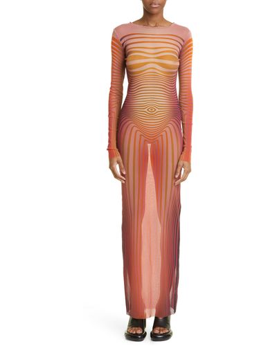 Jean Paul Gaultier The Red Body Morphing Stripe Long Sleeve Tulle Maxi Dress - Orange