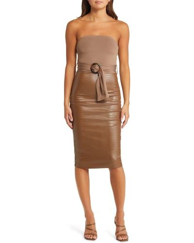 Bebe Faux Leather Belted Strapless Dress - Brown