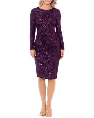 Xscape Long Sleeve Sequin Cocktail Dress - Purple