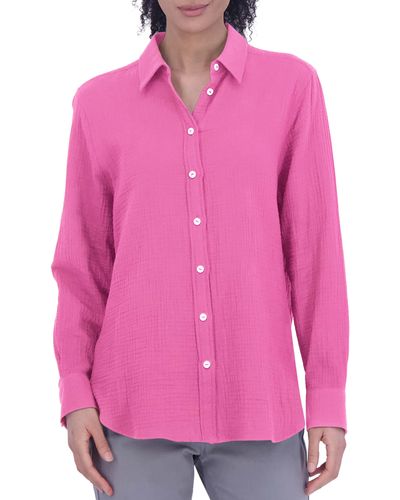 Foxcroft Cotton Gauze Tunic Button-up Shirt - Pink