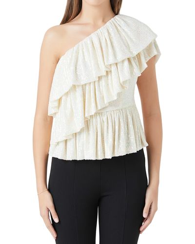 Endless Rose Sequin Ruffle One-shoulder Peplum Top - White
