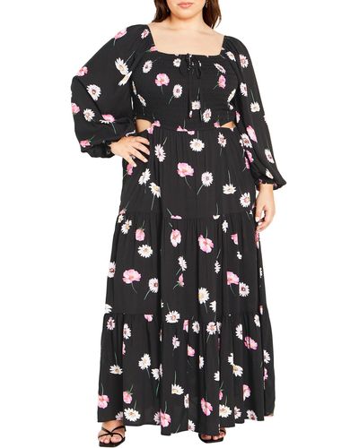 City Chic Lexie Floral Long Sleeve Midi Dress - Black
