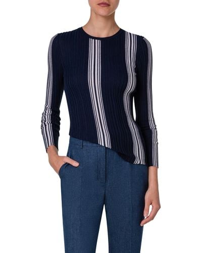 Akris Stripe Virgin Wool & Silk Rib Sweater - Blue