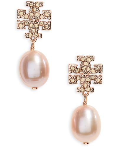 Tory Burch Goldtone, Crystal & Faux-pearl Logo Drop Earrings - Multicolor