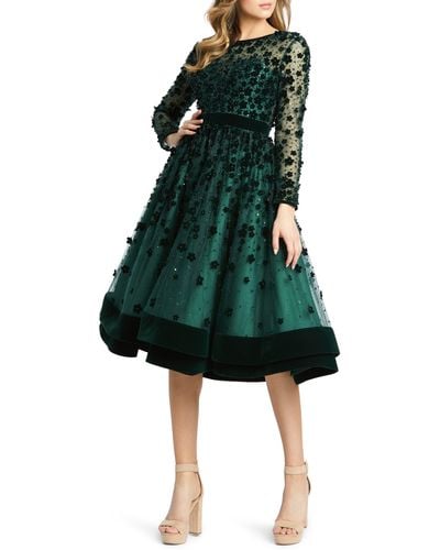 Mac Duggal Long Sleeve Fit & Flare Velvet Embellished Cocktail Dress - Green