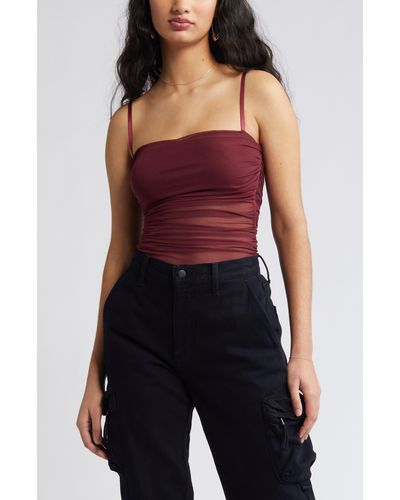 Open Edit Ruched Mesh Camisole - Red