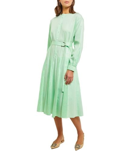 Misook Long Sleeve Cotton Blend Midi Shirtdress - Green