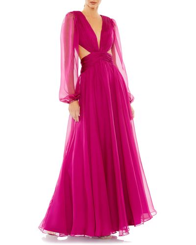 Ieena for Mac Duggal Ruched Cutout Sheer Long Sleeve Gown - Pink
