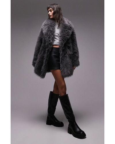TOPSHOP Mid Length Faux Fur Coat - Gray
