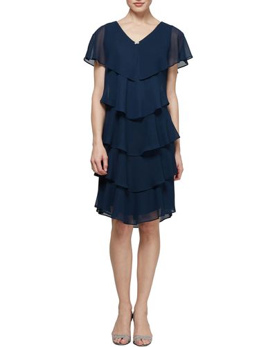 SLNY Georgette Tiered Chiffon Dress - Blue