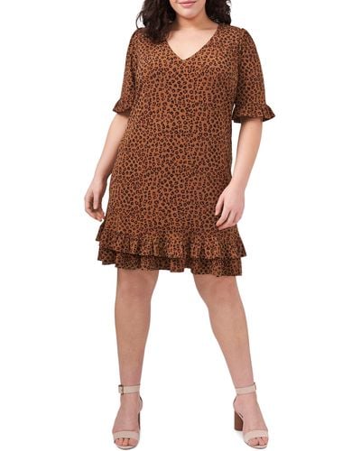 Cece Leopard Print Ruffle Stretch Knit Dress - Brown