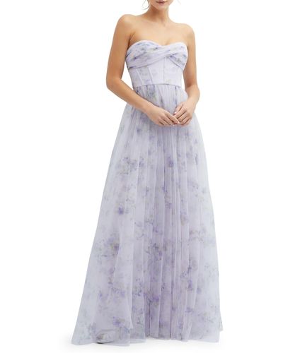 Dessy Collection Floral Print Strapless Tulle - Purple